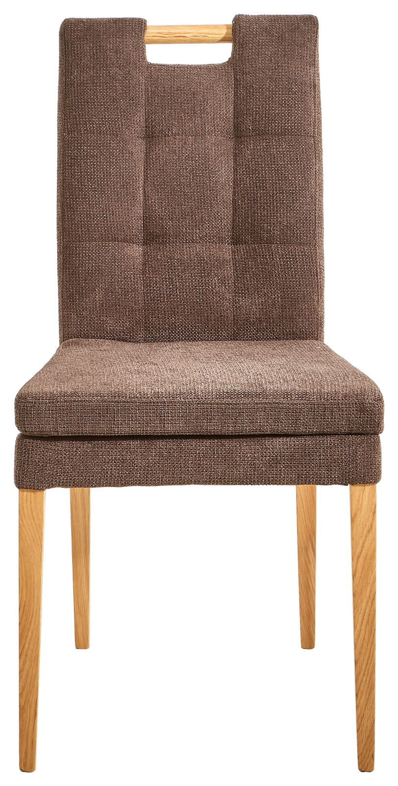 Cantus Stuhl BARCELONA Vorderansicht eines braunen Stuhls mit gepolsterter Sitzfläche und Rückenlehne, sowie Holzbeinen.