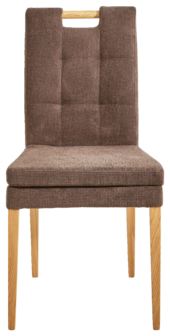 Cantus Stuhl BARCELONA Vorderansicht eines braunen Stuhls mit gepolsterter Sitzfläche und Rückenlehne, sowie Holzbeinen.