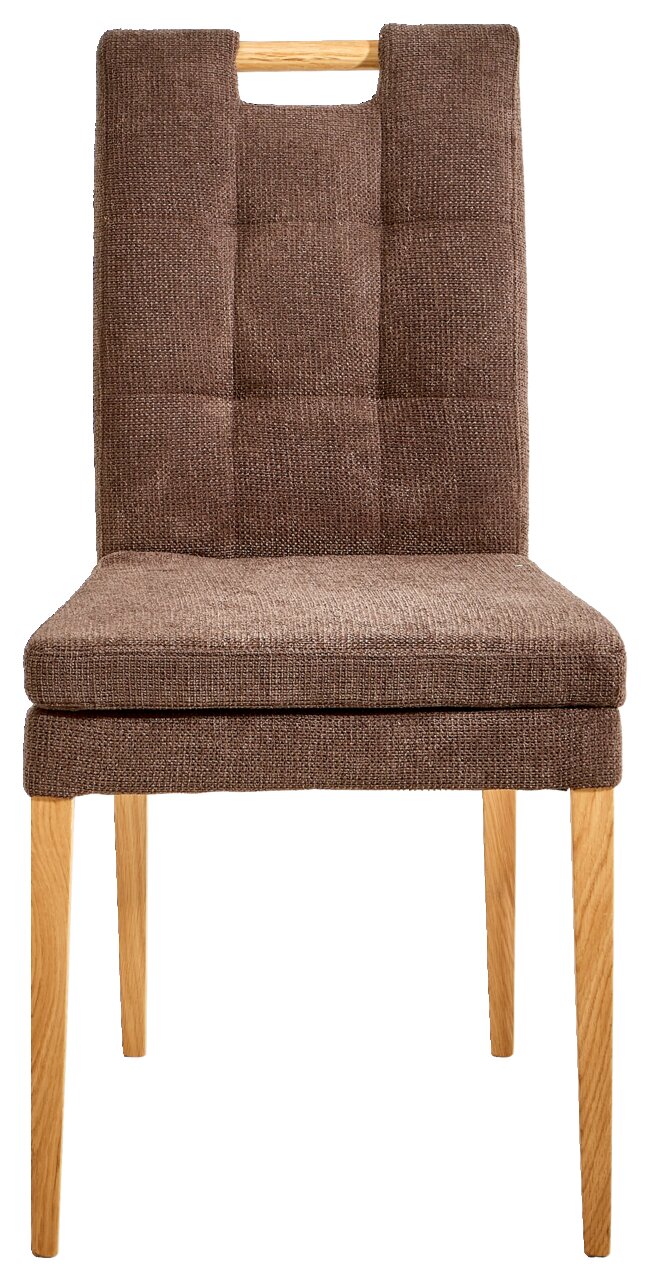 Vorderansicht eines braunen Stuhls mit gepolsterter Sitzfläche und Rückenlehne, sowie Holzbeinen.