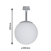 Schienenspot Globe, seitliche Perspektive, weiße Kugelform mit 200 mm Durchmesser und 320 mm Höhe.