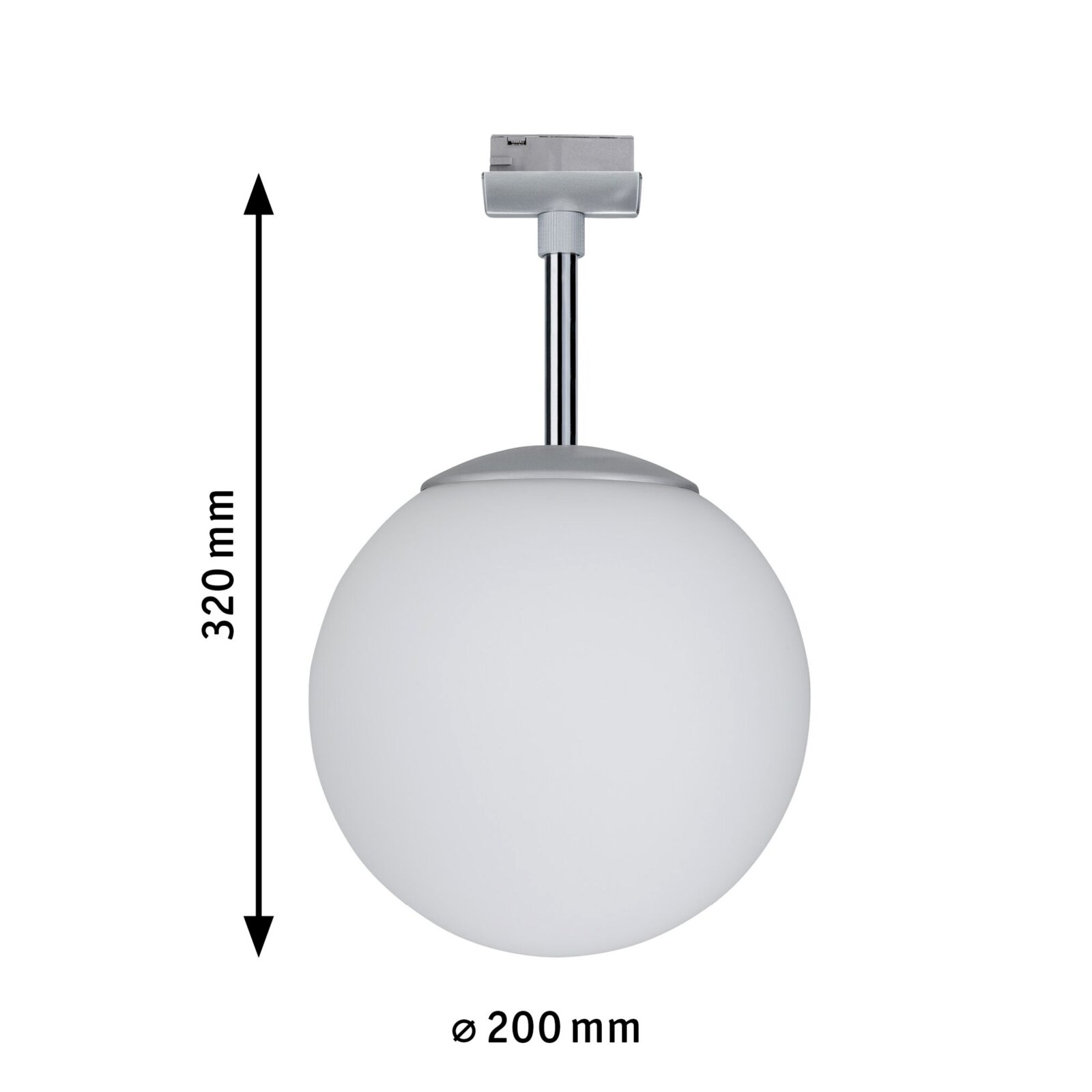 Railspot Globe, zijaanzicht, witte bolvorm met een diameter van 200 mm en een hoogte van 320 mm.
