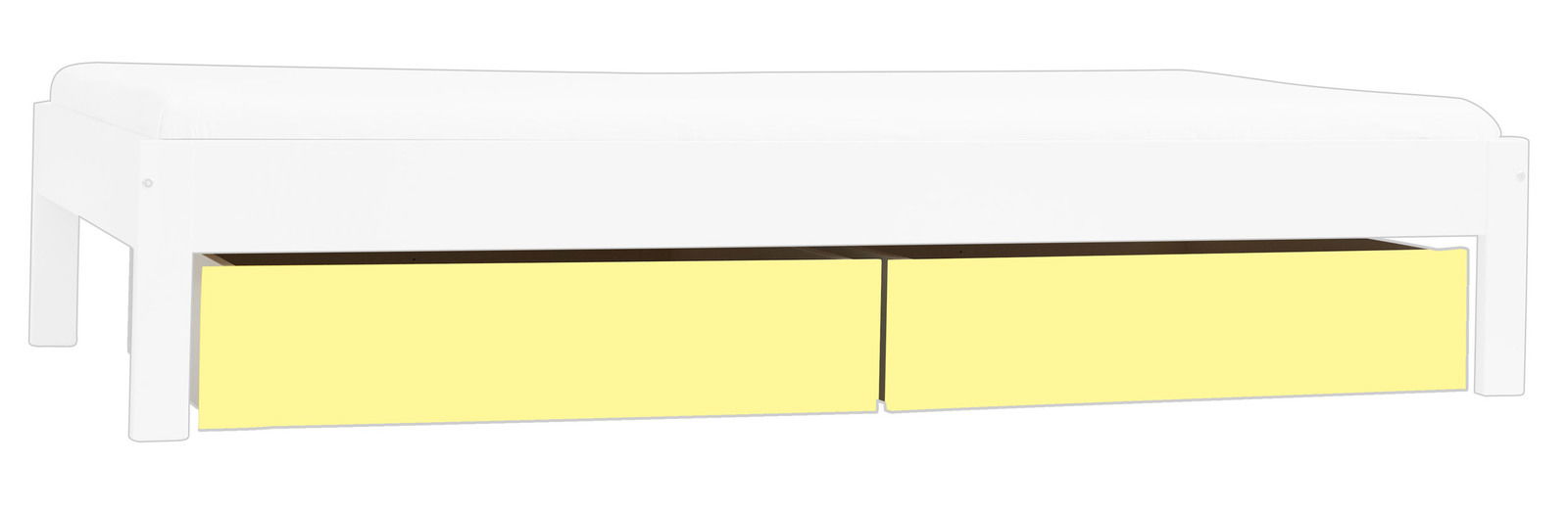 Seitliche Ansicht eines weißen Bettes mit zwei gelben Schubladen darunter.