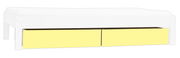 Seitliche Ansicht eines weißen Bettes mit zwei gelben Schubladen darunter.