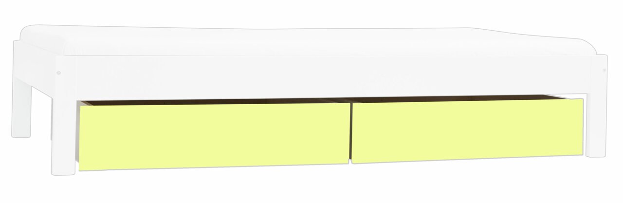 Stylife Schubladen-Set WOOBIE Seitliche Ansicht eines weißen Bettes mit zwei gelben Schubladen darunter.