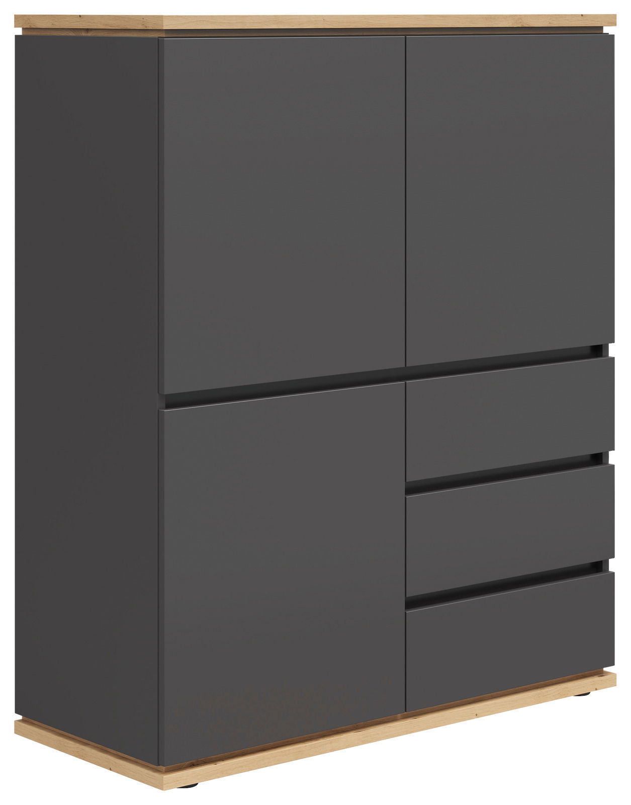 Modernes Highboard in dunklem Grau mit Holzdetails, seitliche Perspektive