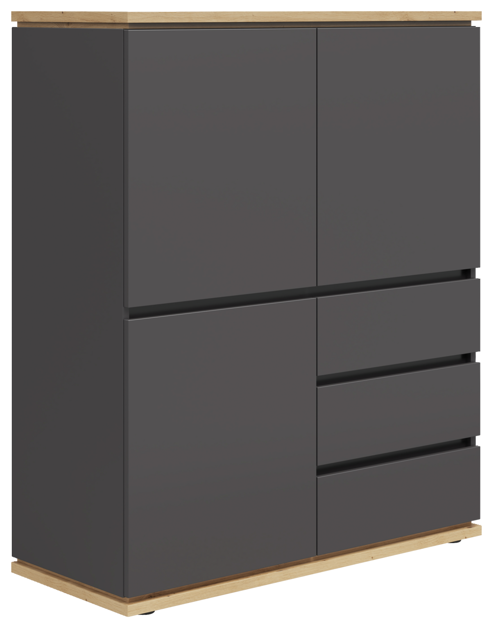 XORA Highboard YAMAEL Modernes Highboard in dunklem Grau mit Holzdetails, seitliche Perspektive