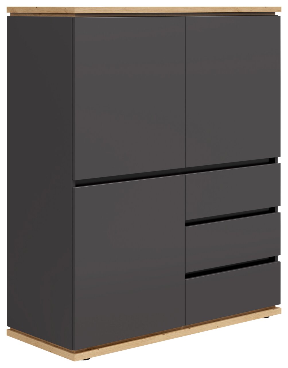 Modernes Highboard in dunklem Grau mit Holzdetails, seitliche Perspektive