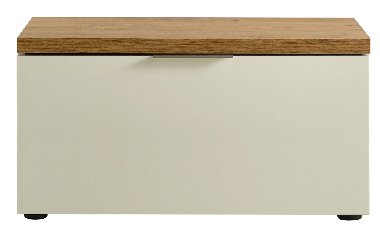 Bank mit Holzsitzfläche und weißem Korpus, frontale Ansicht