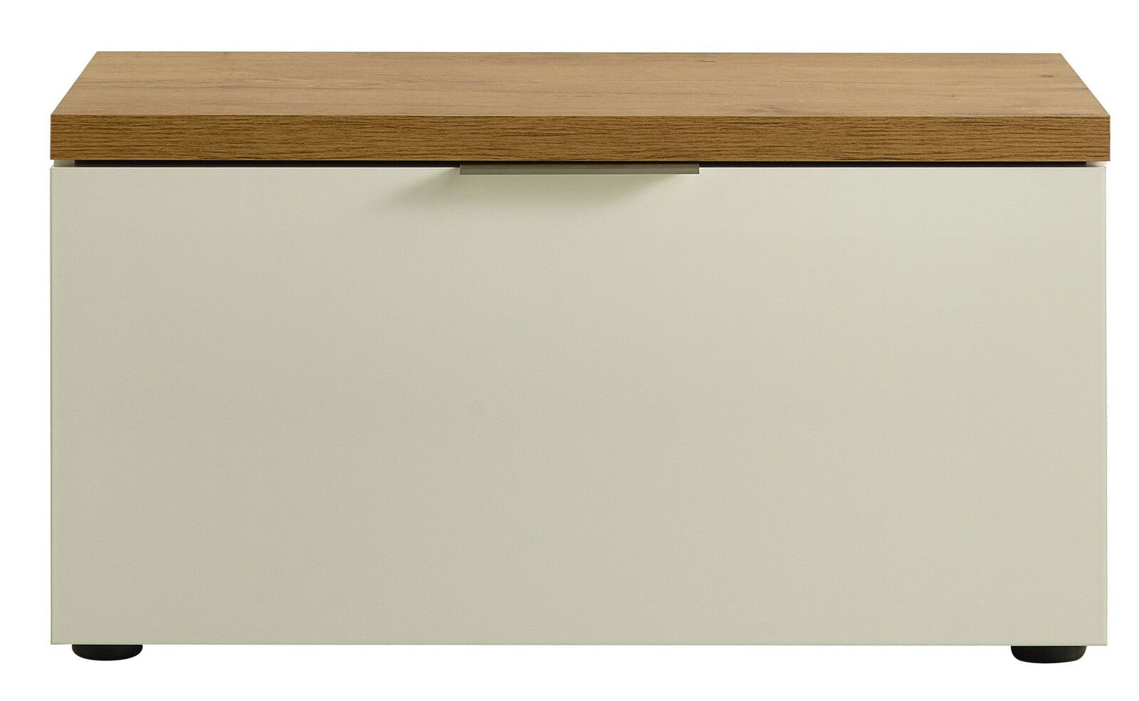 Bank mit Holzsitzfläche und weißem Korpus, frontale Ansicht