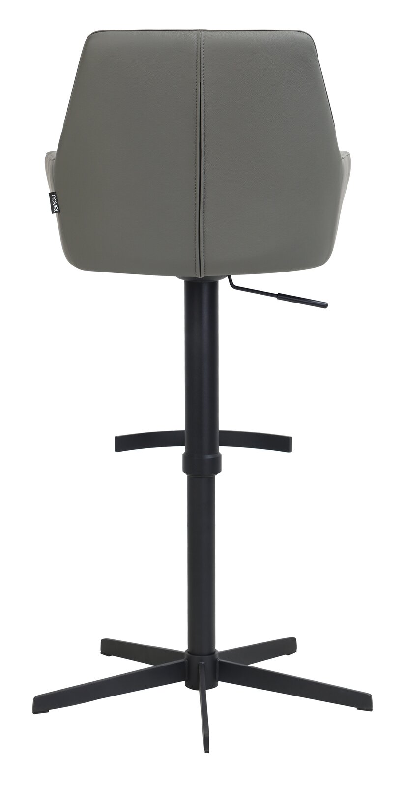Rückansicht eines Barhockers mit grauer Rückenlehne und schwarzem Metallgestell.