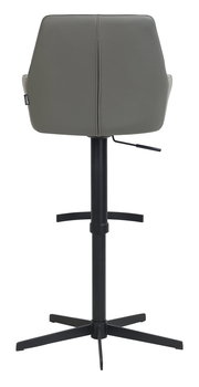 Rückansicht eines Barhockers mit grauer Rückenlehne und schwarzem Metallgestell.
