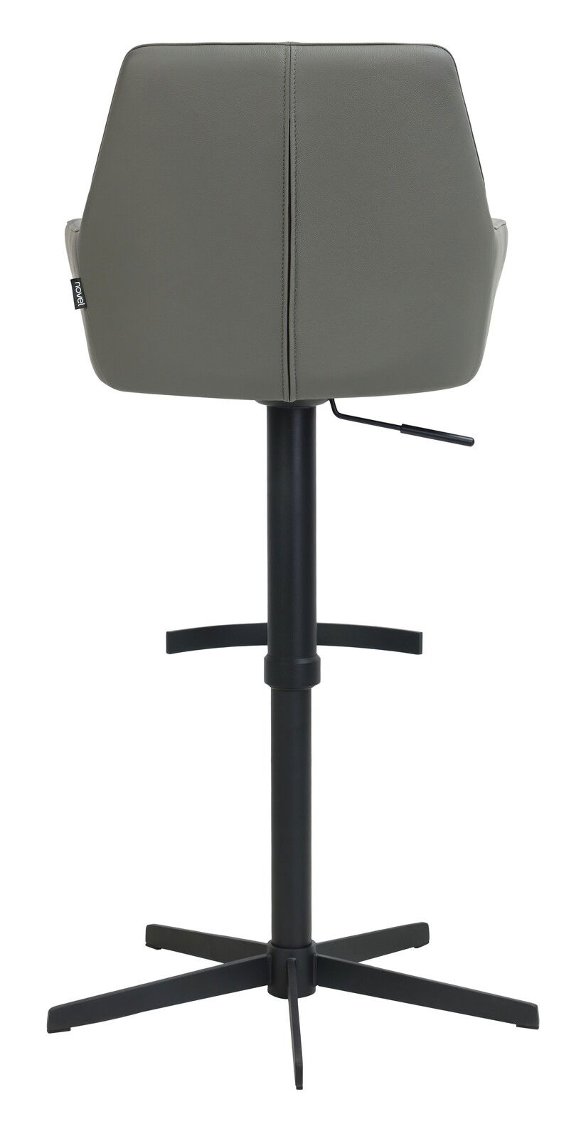 Rückansicht eines Barhockers mit grauer Rückenlehne und schwarzem Metallgestell.