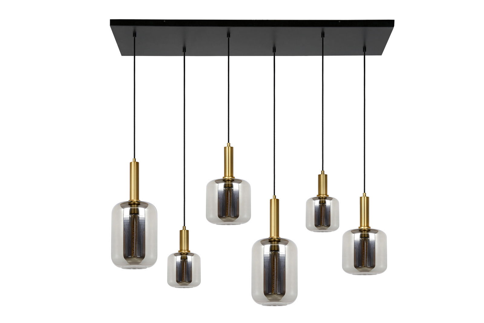 Moderne Pendelleuchte mit sechs Glaskolben und goldenen Fassungen, von unten betrachtet.