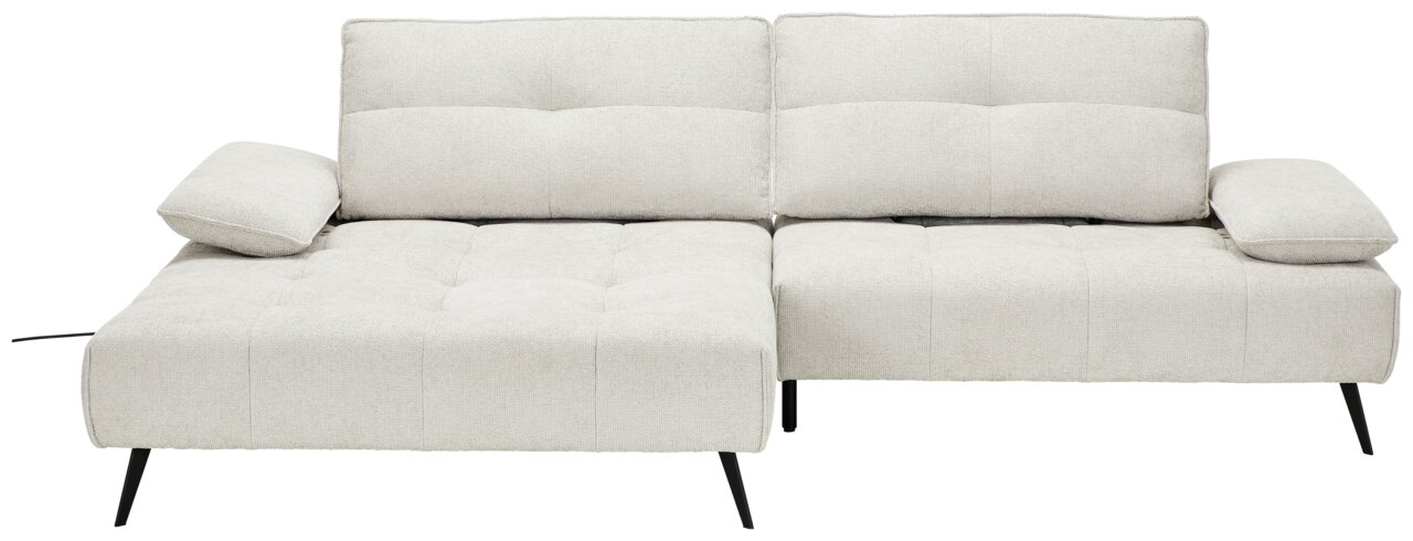 Beige Longchairkombination mit zwei Rückenkissen und schwarzen Beinen, Frontalansicht