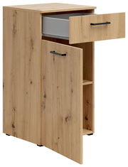 Kommode aus Holz mit einer offenen Schublade und einer geöffneten Tür, seitliche Perspektive