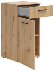 Kommode aus Holz mit einer offenen Schublade und einer geöffneten Tür, seitliche Perspektive