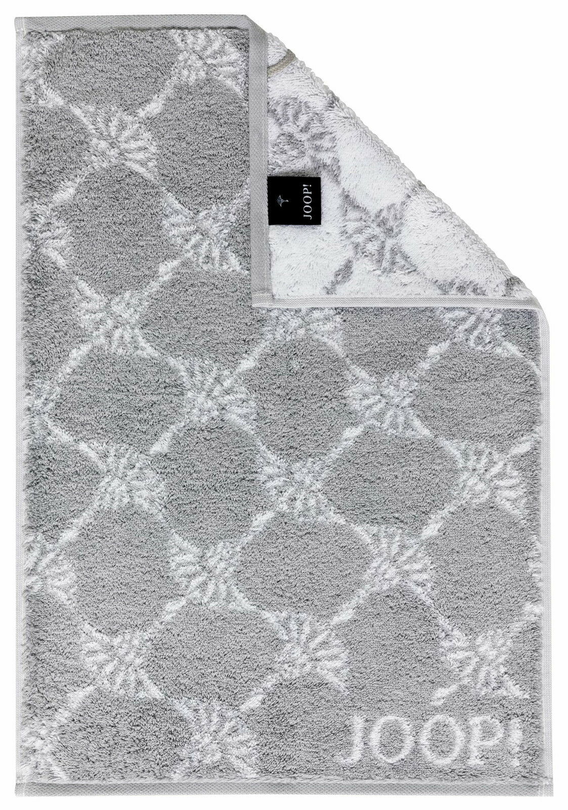 JOOP! Handtuch CORNFLOWER CLASSIC Graues Gästetuch mit geometrischem Muster und JOOP!-Logo, von oben fotografiert.