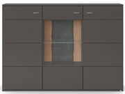 Frontansicht des Highboards TACOMA von Musterring in dunklem Design mit Glas- und Holzelementen.