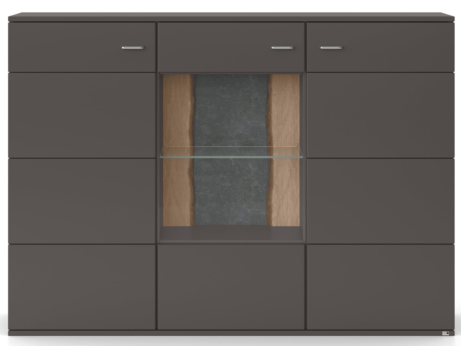 Frontansicht des Highboards TACOMA von Musterring in dunklem Design mit Glas- und Holzelementen.