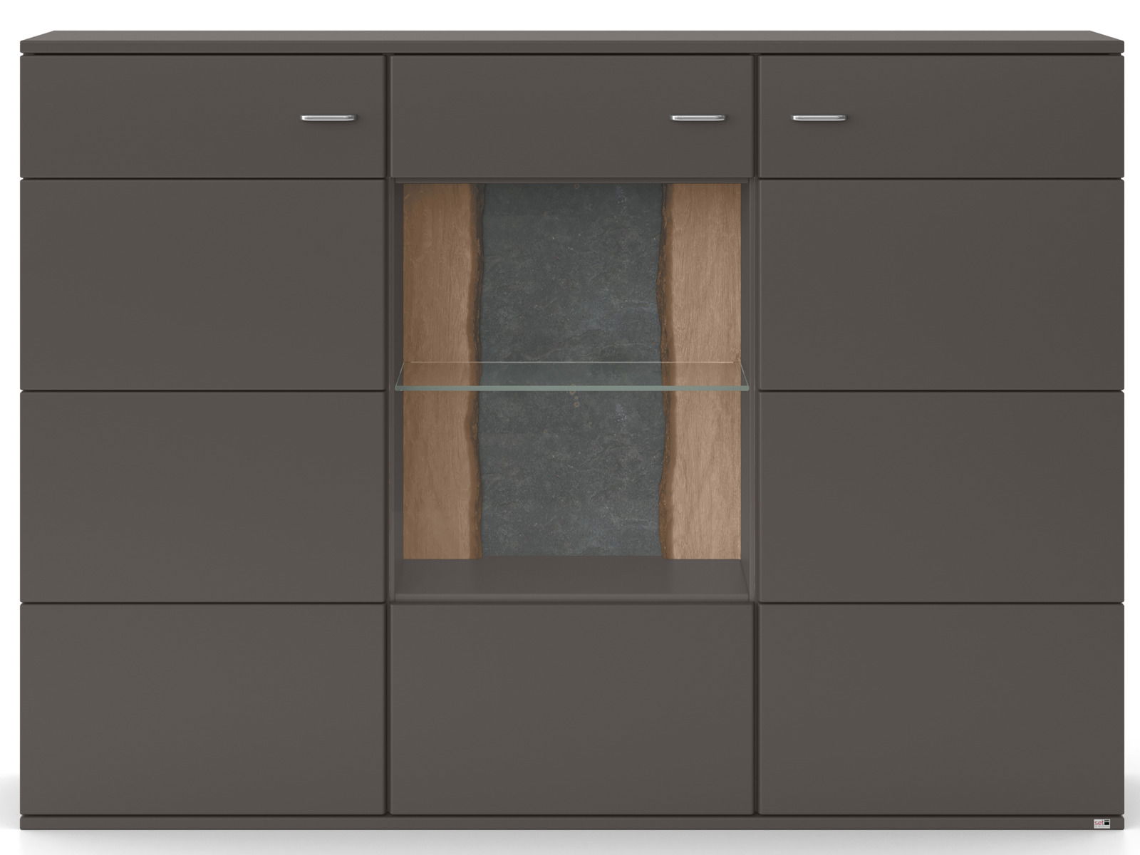 Frontansicht des Highboards TACOMA von Musterring in dunklem Design mit Glas- und Holzelementen.