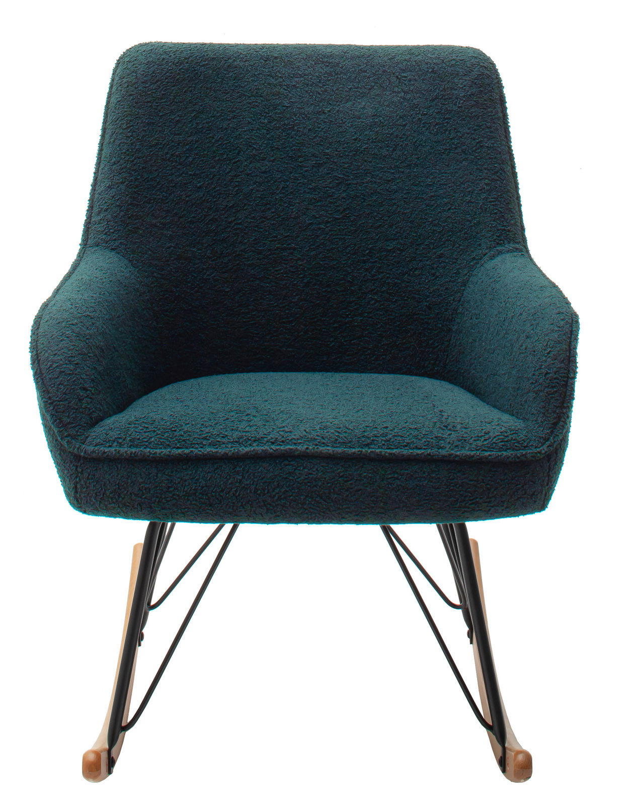 Moderner Schaukelstuhl mit dunkelgrünem Stoffbezug und Metallgestell, Vorderansicht