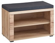 Garderobenbank aus Holz mit zwei offenen Fächern und gepolstertem Sitzkissen, seitliche Perspektive