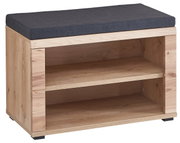Garderobenbank aus Holz mit zwei offenen Fächern und gepolstertem Sitzkissen, seitliche Perspektive