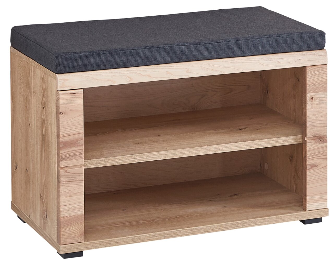 Garderobenbank aus Holz mit zwei offenen Fächern und gepolstertem Sitzkissen, seitliche Perspektive