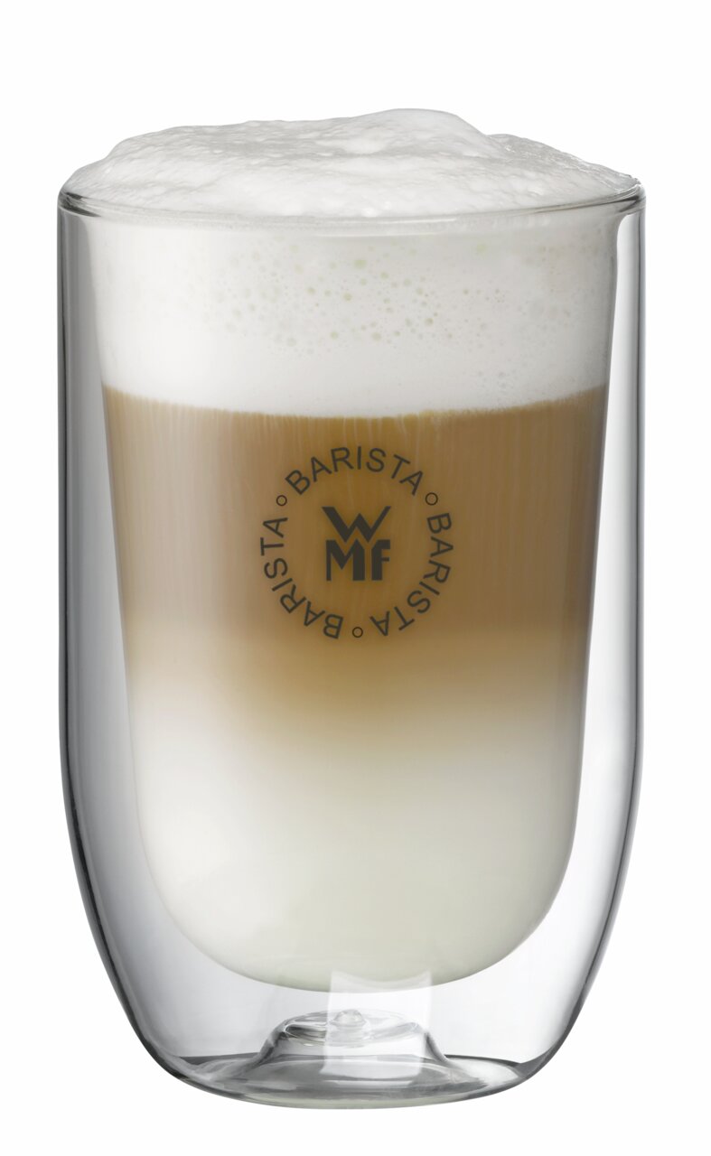 WMF Barista Latte Macchiato Glas mit Schaum, seitliche Perspektive