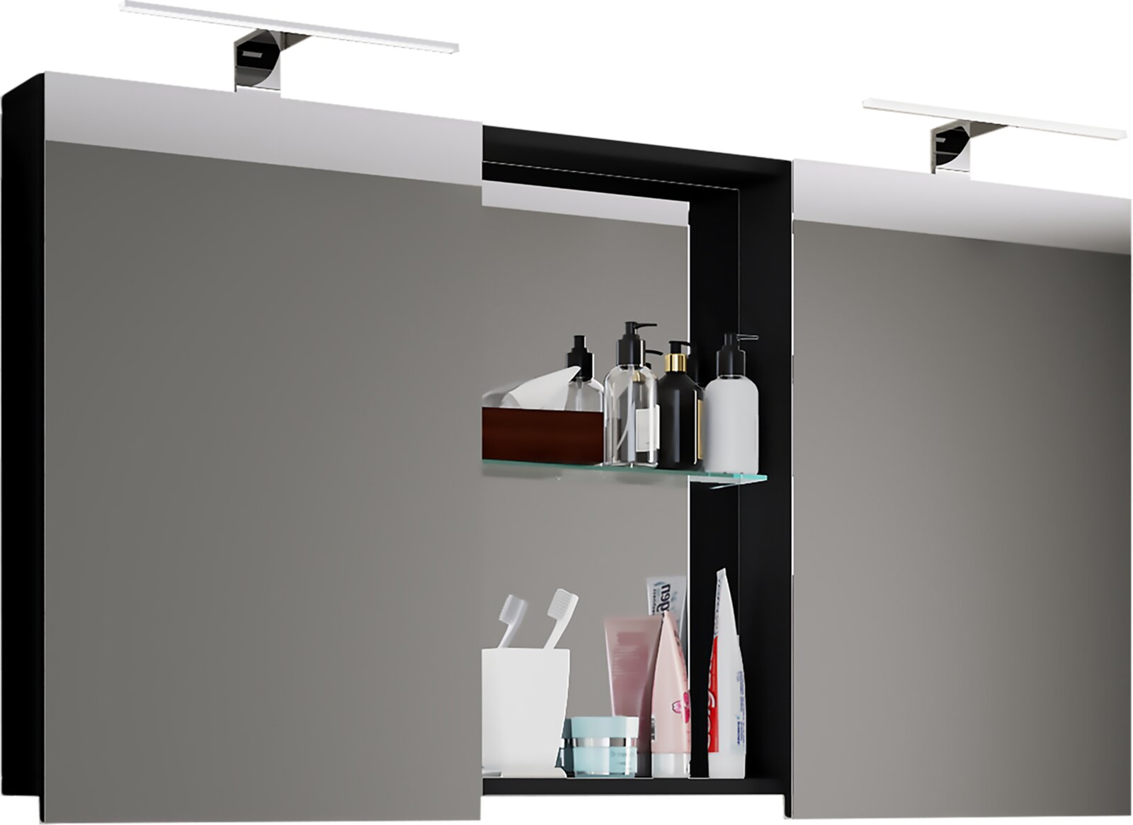 Moderner Badezimmerspiegelschrank mit zwei Spiegeltüren, schwarzen Seitenteilen, Glasablage und zwei LED-Aufbauleuchten, frontal in leichter Draufsicht dargestellt