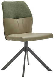 Moderner Stuhl mit grünem Stoffrücken und olivfarbenem Ledersitz, seitliche Perspektive