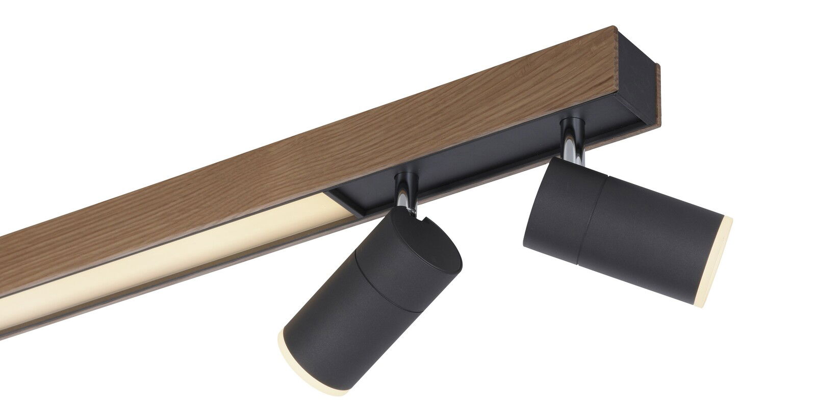 Moderne Deckenleuchte PURE-LINES mit zwei schwarzen Strahlern und Holzoptik, seitliche Perspektive
