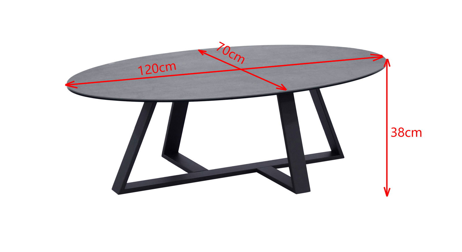 Moderner ovaler Couchtisch mit schwarzem Metallgestell und grauer Tischplatte, seitliche Perspektive.