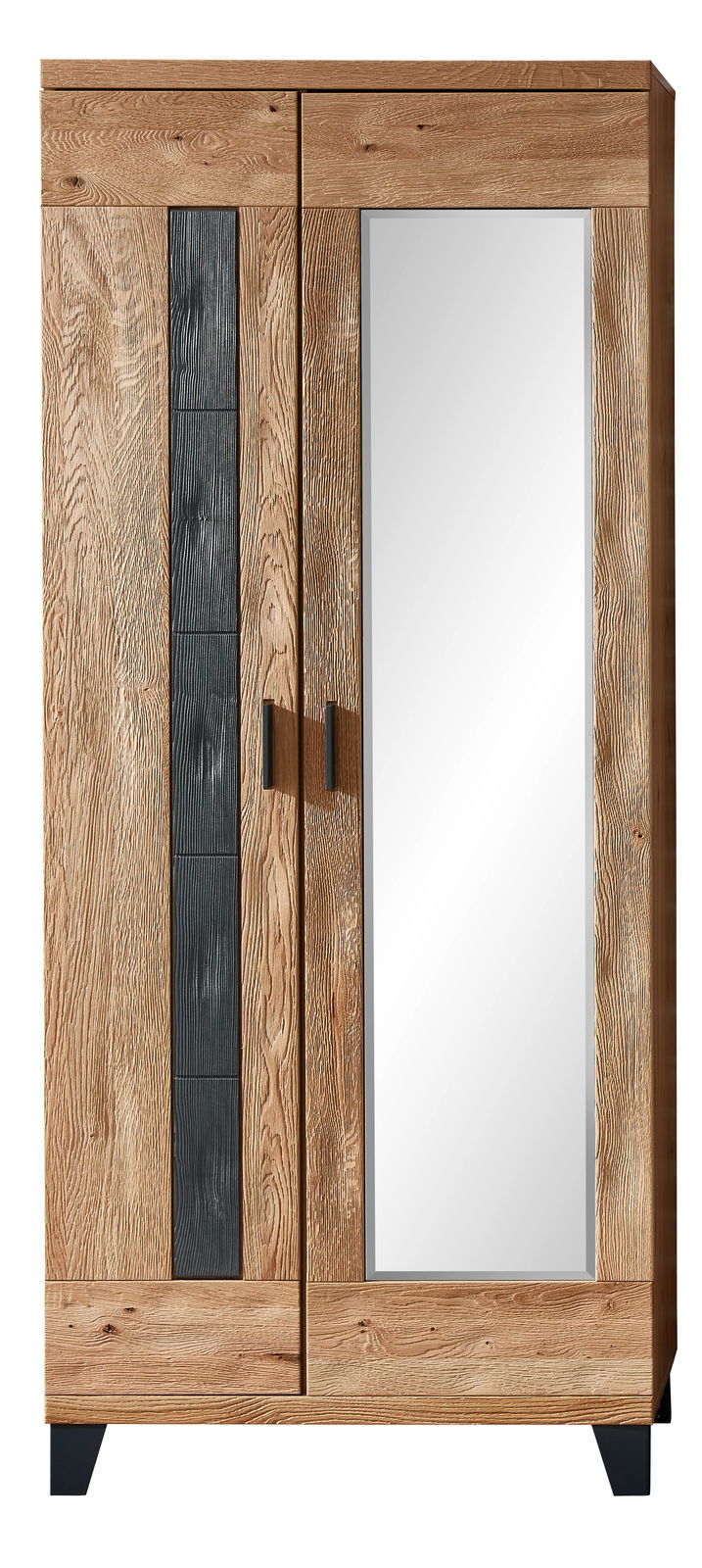 Linea Natura XL-Garderobenschrank PERSIKO Frontansicht eines XL-Garderobenschranks mit Holzoptik und integriertem Spiegel auf der rechten Tür.