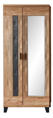 Frontansicht eines XL-Garderobenschranks mit Holzoptik und integriertem Spiegel auf der rechten Tür.