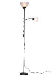 Stehleuchte mit zwei Leuchten, eine nach oben gerichtete Hauptleuchte und eine flexible Leselampe, schwarze Basis und Stange, seitliche Perspektive