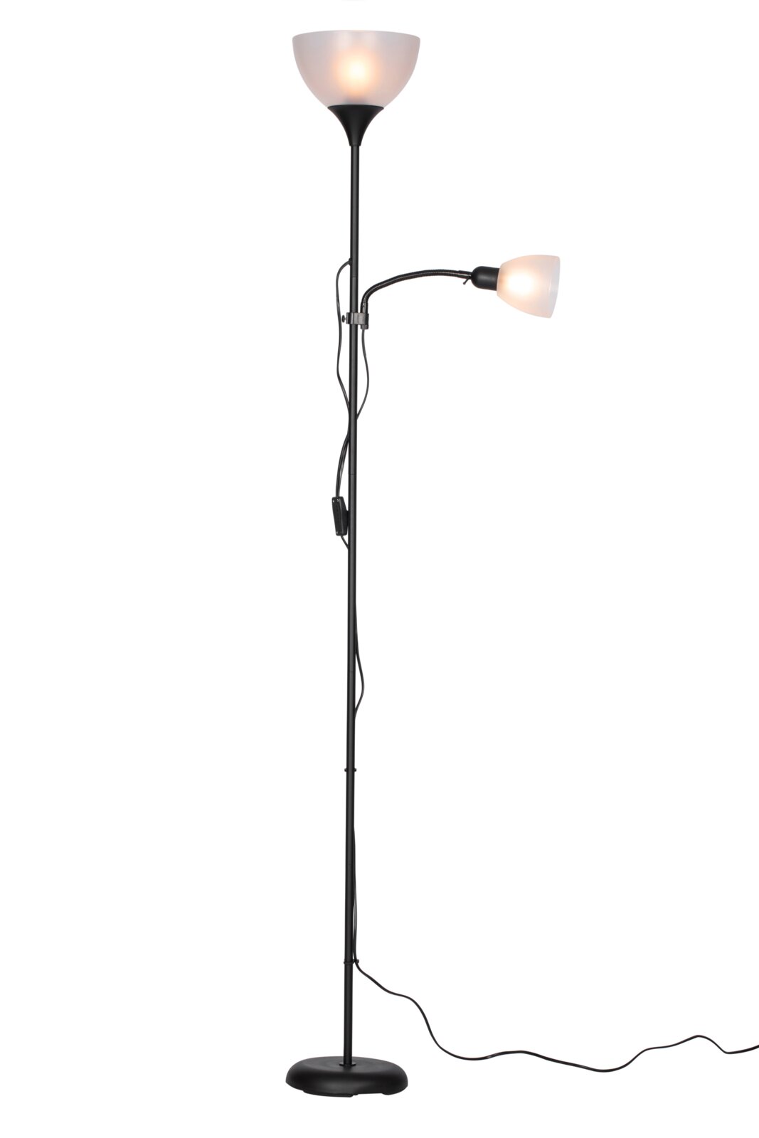 Staande lamp met twee lampen, een naar boven gerichte hoofdlamp en een flexibele leeslamp, zwarte voet en stang, zijaanzicht
