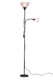 Staande lamp met twee lampen, een naar boven gerichte hoofdlamp en een flexibele leeslamp, zwarte voet en stang, zijaanzicht
