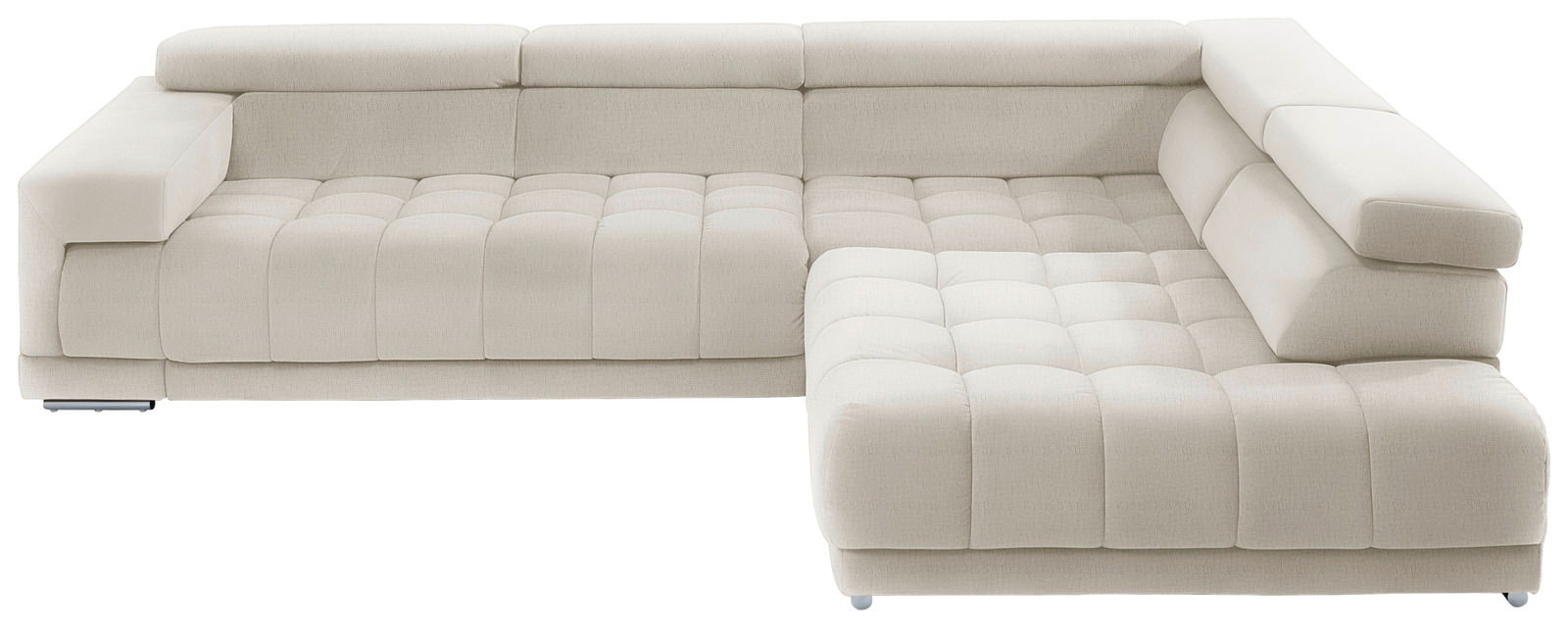 Beldomo Speed Ecksofa SPLIFF S Ecksofa in cremefarbenem Stoff mit verstellbaren Kopfstützen, Ansicht von vorne.