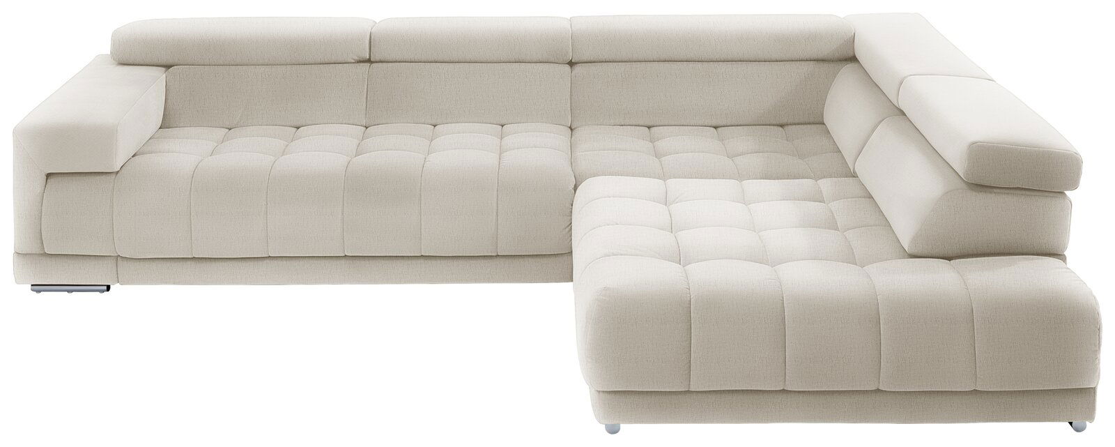 Beldomo Speed Ecksofa SPLIFF S Ecksofa in cremefarbenem Stoff mit verstellbaren Kopfstützen, Ansicht von vorne.