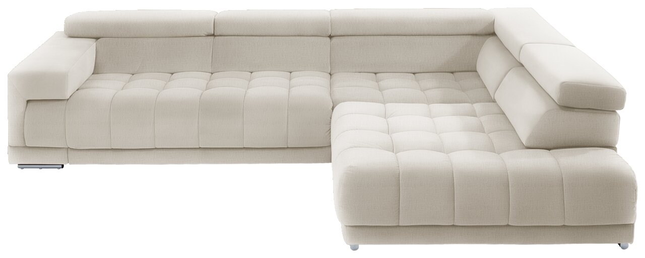 Beldomo Speed Hoekbank SPLIFF S Ecksofa in cremefarbenem Stoff mit verstellbaren Kopfstützen, Ansicht von vorne.