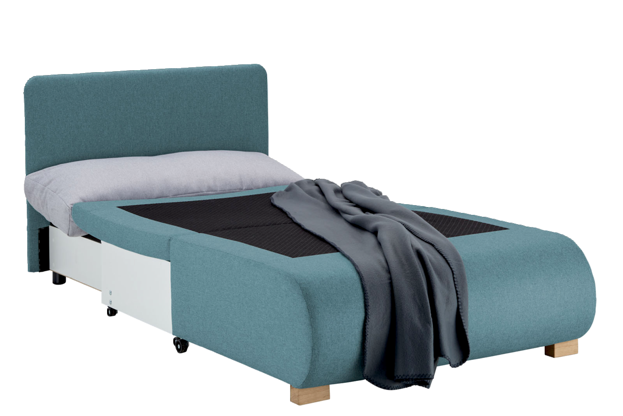 Z2 Schlafsessel KENY Funktionssessel in Türkis, umgewandelt in ein Bett mit grauer Decke und Kissen, seitliche Perspektive