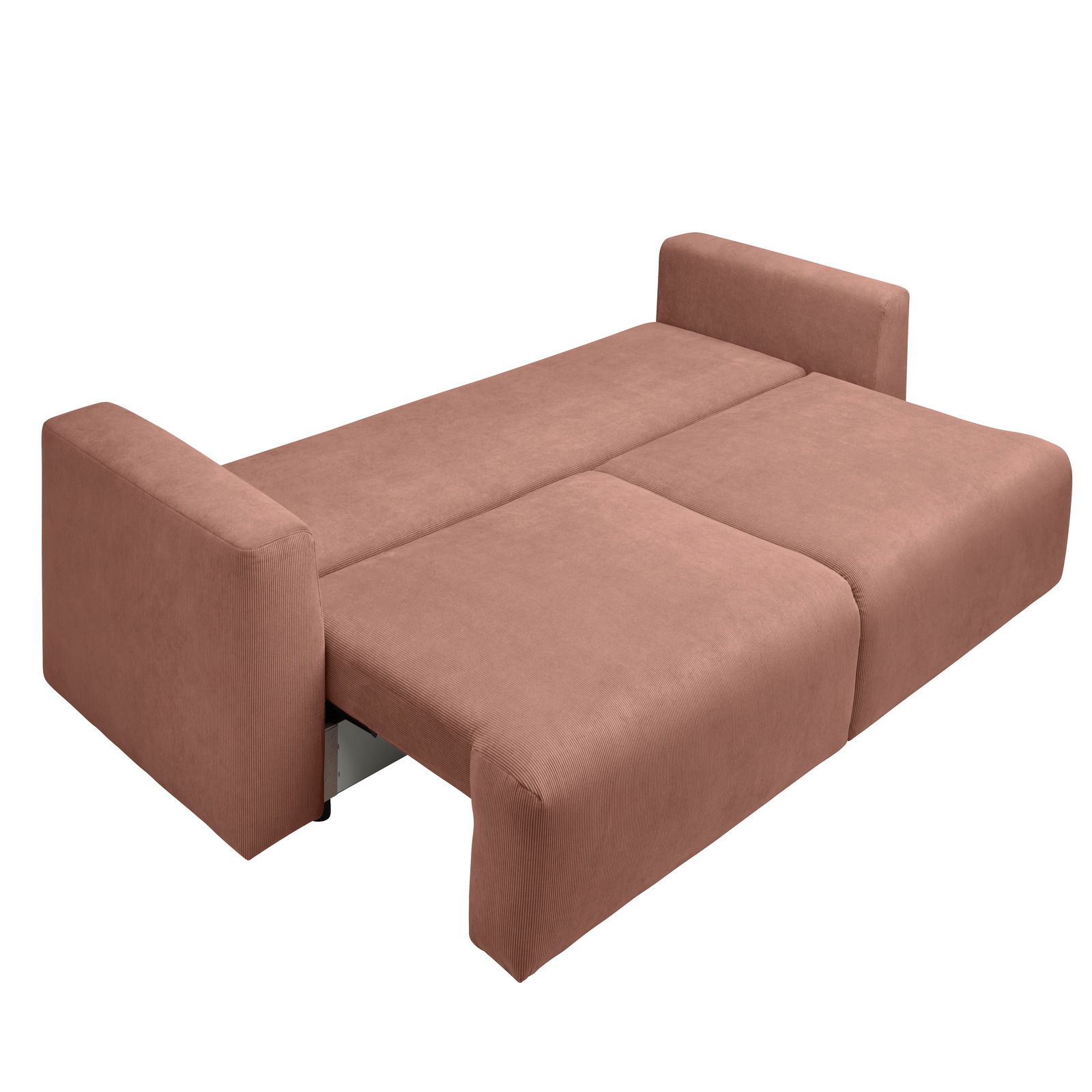 Funktionssofa in Rosa, ausgeklappt als Bett, seitliche Perspektive