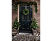 Frontaal aanzicht van een zwarte voordeur, feestelijk versierd met verlichte kerstkrans, dennenslinger en twee kleine kerstbomen