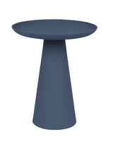 Moderner blauer Beistelltisch mit konischer Basis, seitliche Perspektive