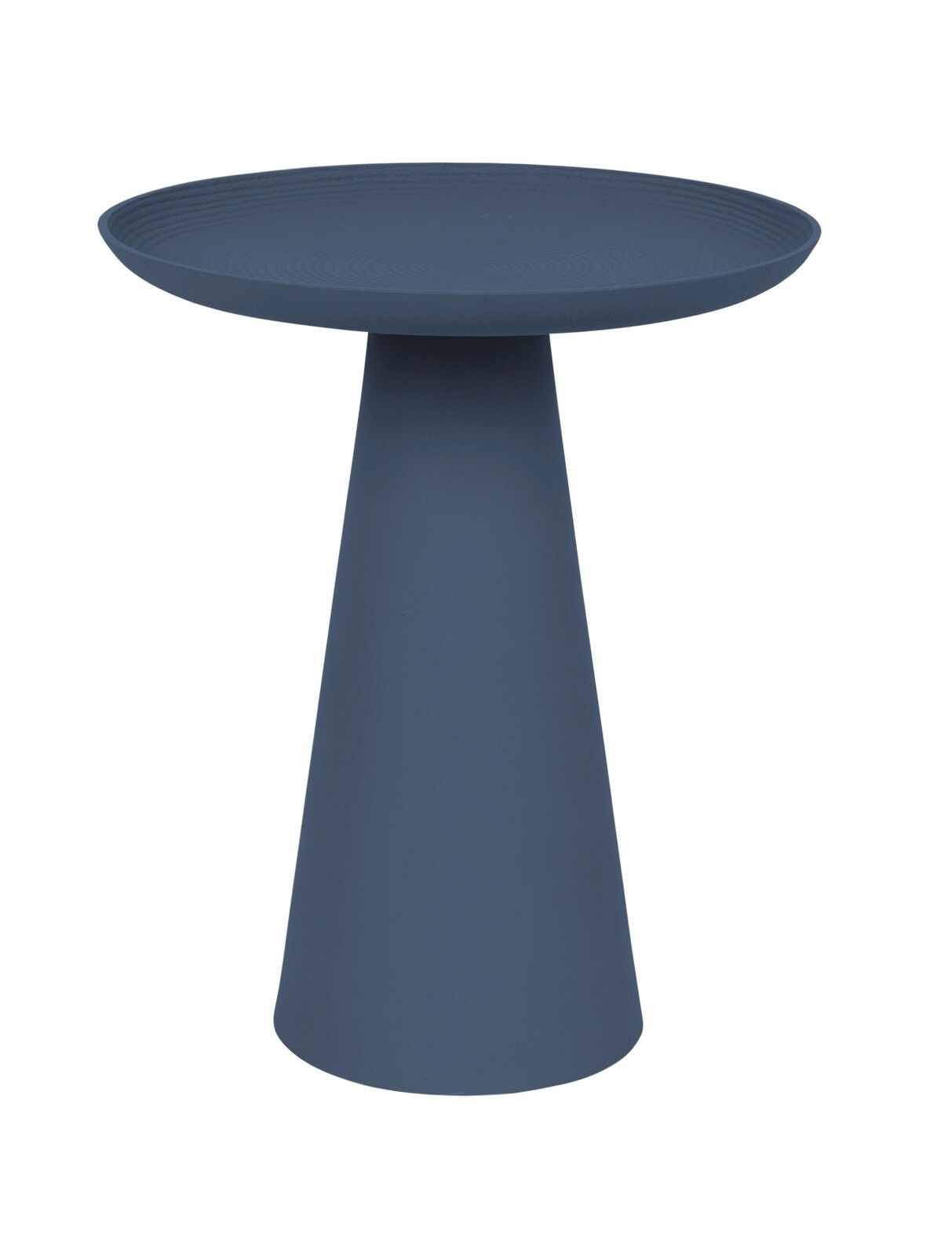 Moderner blauer Beistelltisch mit konischer Basis, seitliche Perspektive