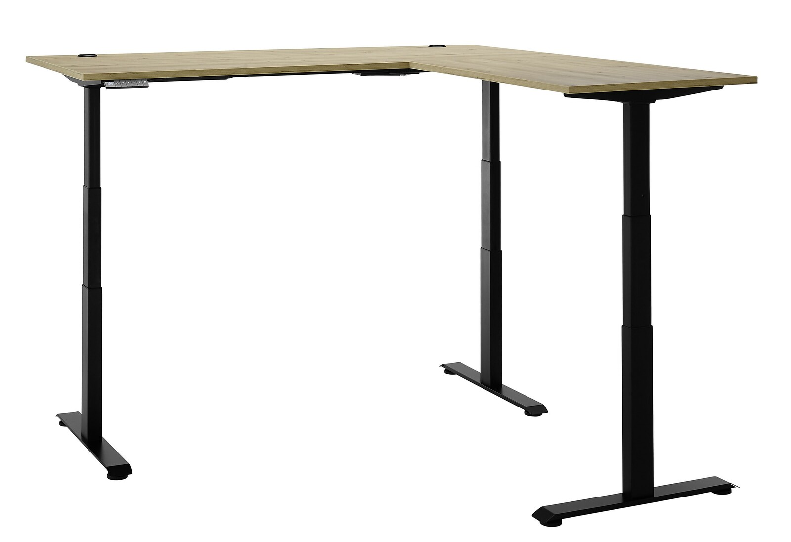 Moderner höhenverstellbarer E-Eckschreibtisch aus Holz und Metall, seitliche Perspektive