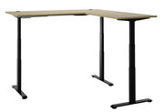 Moderner höhenverstellbarer E-Eckschreibtisch aus Holz und Metall, seitliche Perspektive