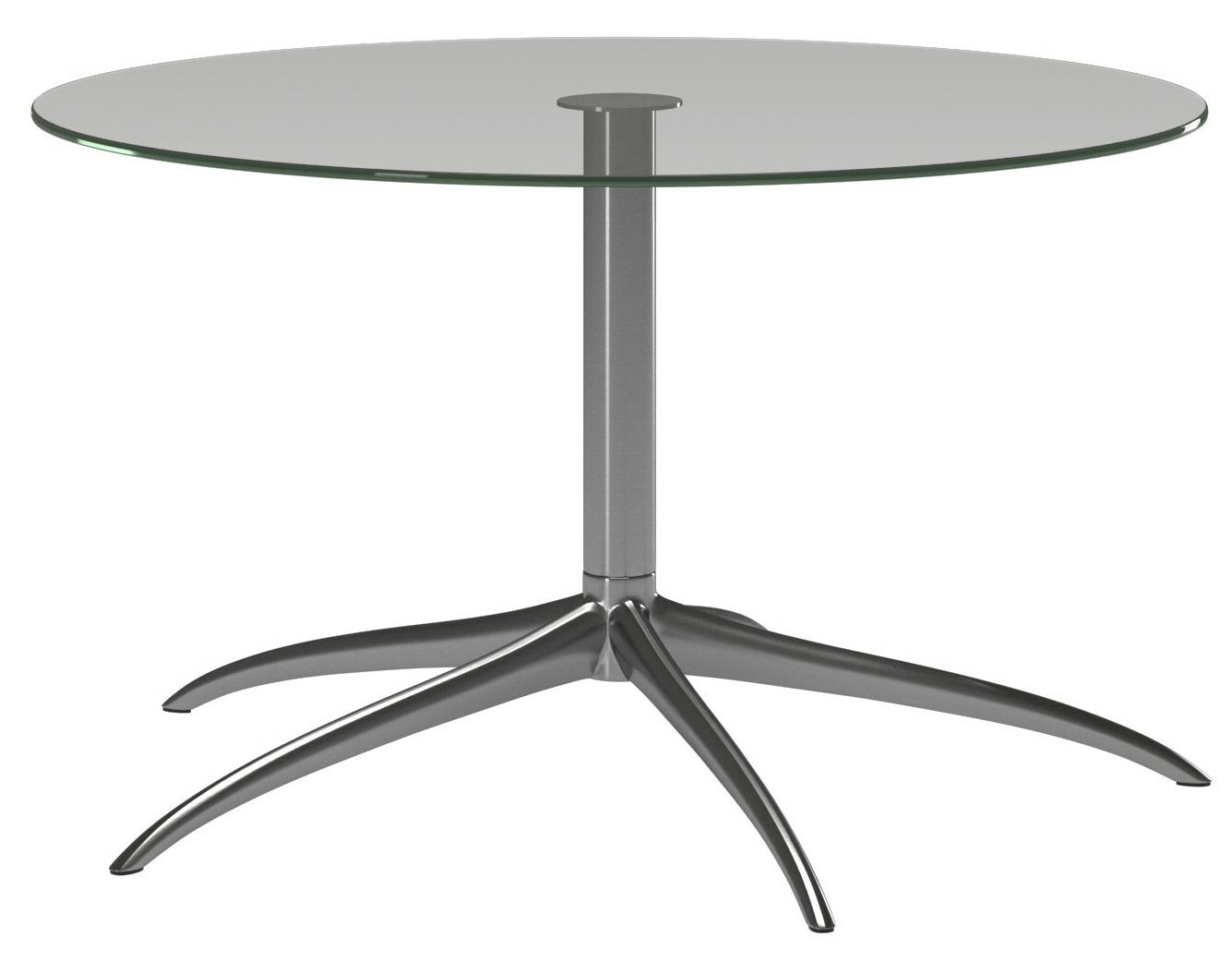 Moderner runder Couchtisch mit Glasplatte und metallischem Standfuß, seitliche Perspektive