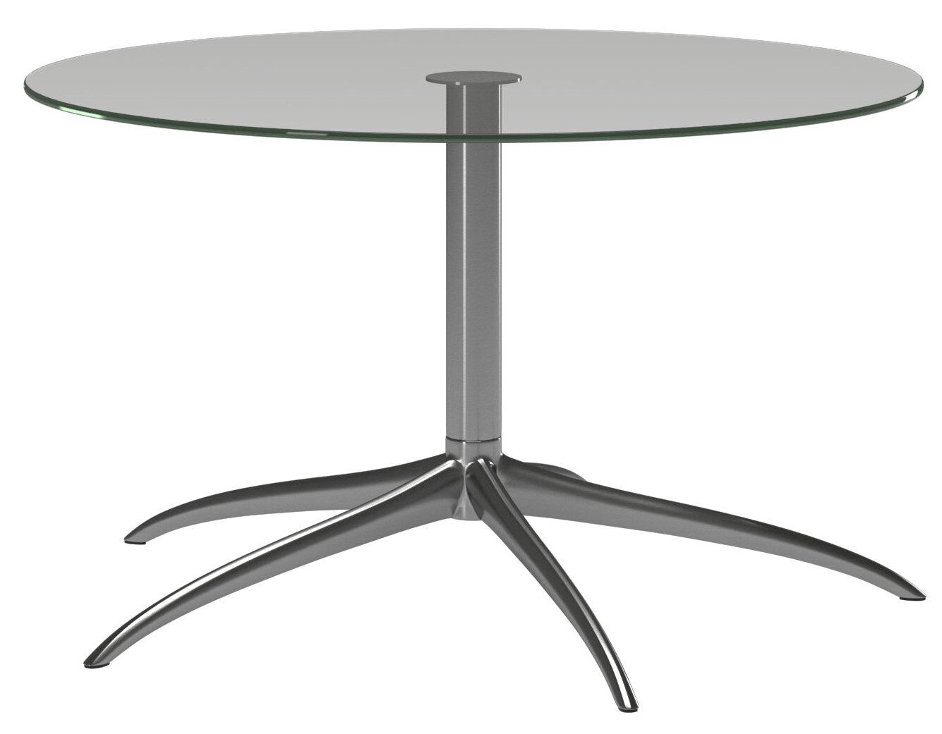 Moderner runder Couchtisch mit Glasplatte und metallischem Standfuß, seitliche Perspektive